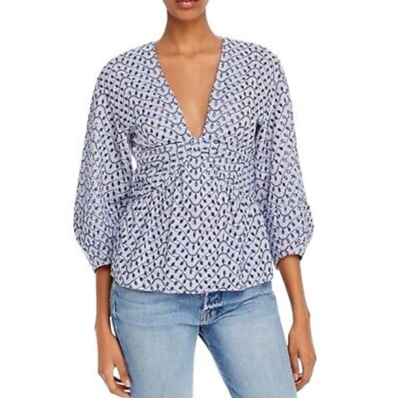 Derek Lam 10 Crosby Eyelet Embroidered Lace Blue Balloon Sleeve Blouse Size 2‎ - Picture 1 of 9